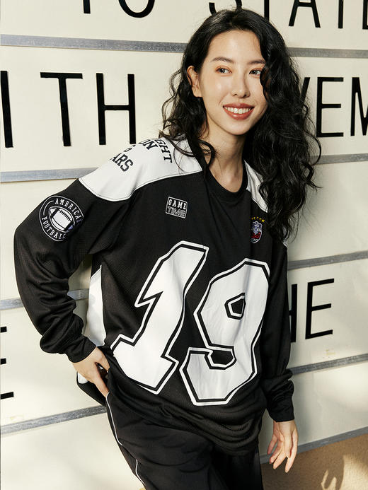 LUSHISI美式街头落肩袖章印花[混乱]撞色机车运动速干投篮服长袖 商品图2