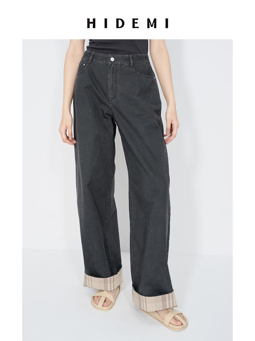 HIDEMI 复古牛仔蓝阔腿格纹拼接卷边牛仔裤 商品图4