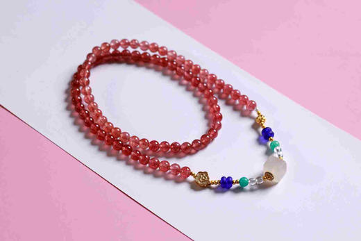 YHCM0006°红草莓晶+玛瑙方糖贴沙金花手串 商品图0