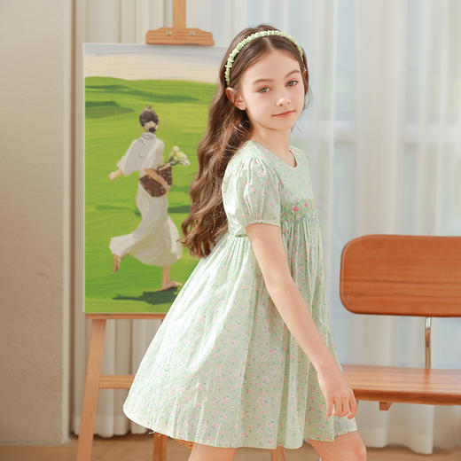 女童连衣裙2024夏季新款儿童绿色绣花纯棉裙子泡泡袖碎花公主裙 商品图2
