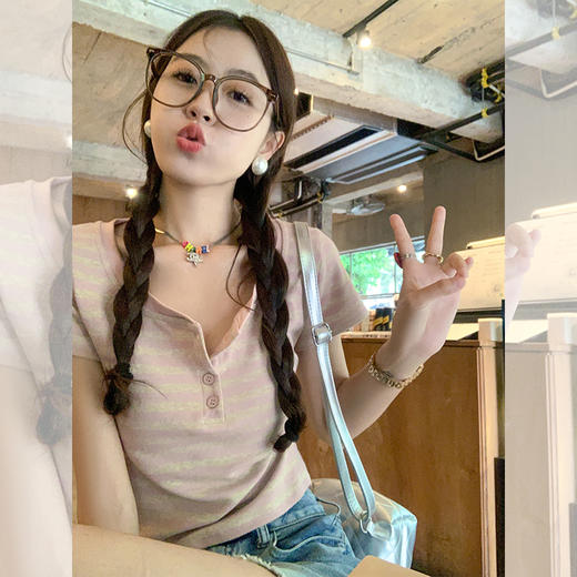 <曾小咸推荐>【美式甜心】粉色条纹短袖 商品图0