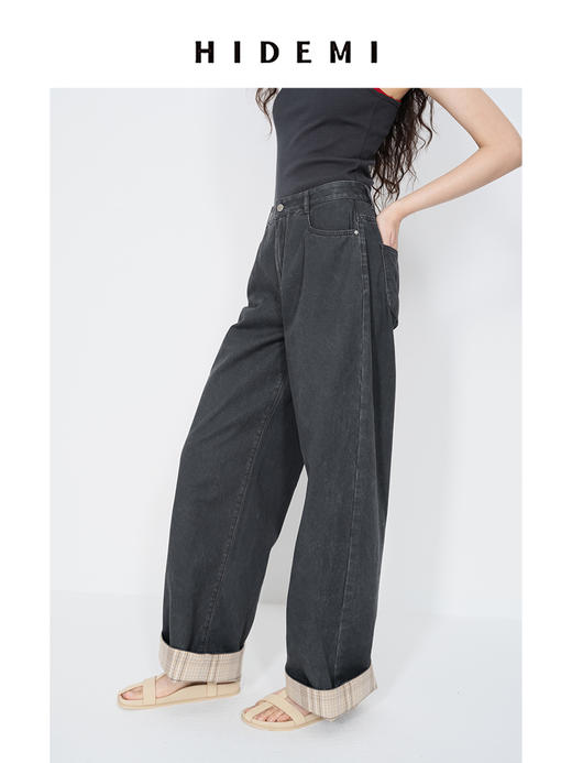 HIDEMI 复古牛仔蓝阔腿格纹拼接卷边牛仔裤 商品图6