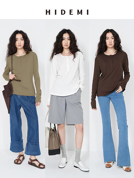 HIDEMI 【当当同款】圆领纽扣极简春夏松弛感亨利领自然棉长袖外穿宽松t恤女 商品图0