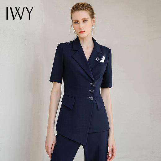 IWY/短袖藏青色西装套装女设计感高端商务气质经理修身西服套裤装232021C1P1 商品图4
