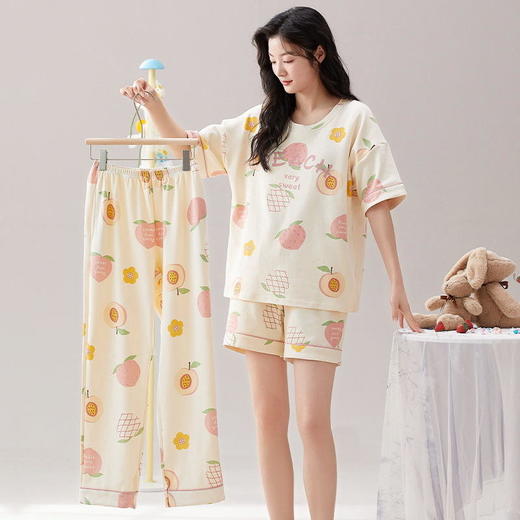 【99元1套】免穿文胸三件套睡衣女士夏季短袖长裤带胸垫温柔风小清新短裤外穿家居套装 商品图2