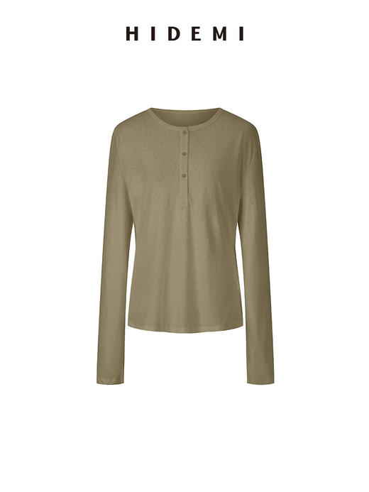 HIDEMI 【当当同款】圆领纽扣极简春夏松弛感亨利领自然棉长袖外穿宽松t恤女 商品图8