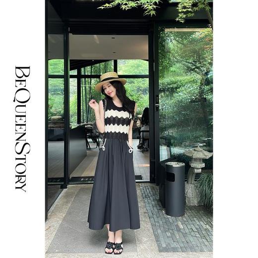 BeQueenStory【黑白情调】设计感拼接大A版背心裙&圆领短袖毛衫 商品图0