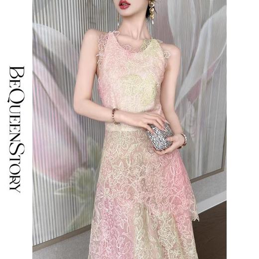 BeQueenStory【希腊美神】重工粉绿渐变印花蕾丝面料无袖连衣裙 商品图4