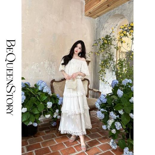 BeQueenStory【白瓷蔷薇】气质珍珠装饰一字肩短上衣&伞摆长半裙 商品图0