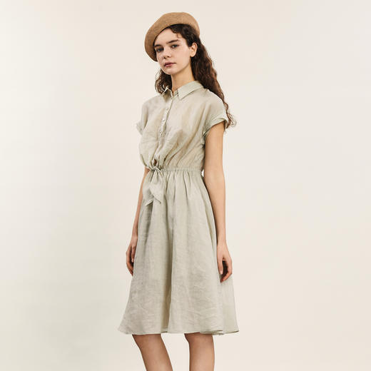 谜底连衣裙短袖2024年夏款通勤风简约苎麻收腰中长裙子242ML0620 商品图1