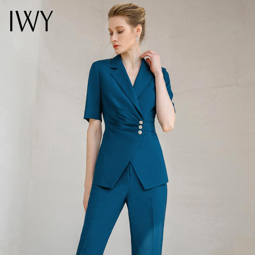 IWY/高端孔雀蓝色西服短袖女西装套装通勤高级通勤设计感ol工作服232020CP1 商品图1
