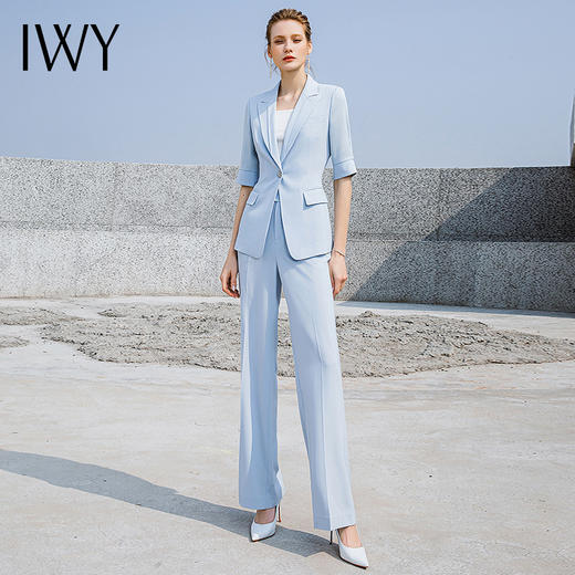 IWY/夏季透气浅蓝色西服短袖职业女修身高端商务通勤西装阔腿裤装232014C1+P6 商品图1