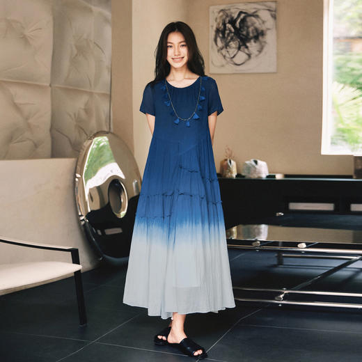 【林栖设计小店】（少量现货）植物染系列渐变复古收腰显瘦短袖婴儿棉连衣裙女长裙子 1922330-1962003B 商品图7