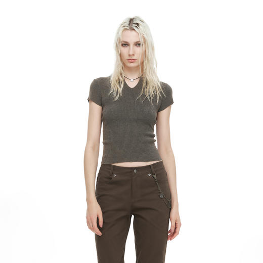 NUTH百搭修身V领显瘦正肩洗水做旧针织短袖T恤女 商品图2