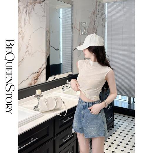 【样衣，不退不换】【海岛热恋】复古感水洗毛边烫彩钻棉微A牛仔短裤 商品图1