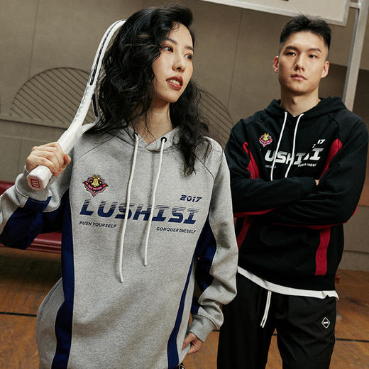 LUSHISI美式复古赛车卫衣拼接连帽套头情侣加绒外套拼接锐变主题 商品图0