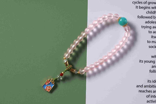 YFLL0008°粉琉璃+沙金绿色如意小孔桶珠手串 商品图0