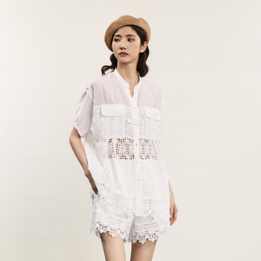 谜底套装女士2024年夏季新品通勤风蕾丝拼接衬衫+短裤242MTZ0553 商品图1