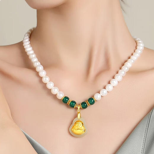 【双证配送 珍爱一生】YOUSOO足金镶玉佛和田玉珍珠项链HJ052 商品图3