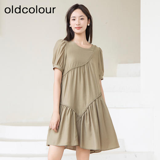 oldcolour夏季新款宽松短袖连衣裙女浅绿色泡泡袖短裙P25101532 商品图4