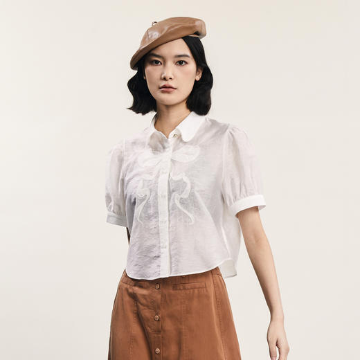 谜底短款衬衫短袖女2024夏季新品文艺风蝴蝶结绣花衬衣242MC0571 商品图3
