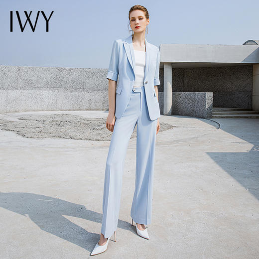 IWY/夏季透气浅蓝色西服短袖职业女修身高端商务通勤西装阔腿裤装232014C1+P6 商品图2