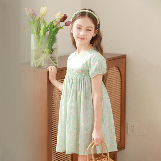 女童连衣裙2024夏季新款儿童绿色绣花纯棉裙子泡泡袖碎花公主裙 商品图3