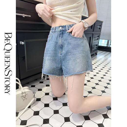 【样衣，不退不换】【海岛热恋】复古感水洗毛边烫彩钻棉微A牛仔短裤 商品图4