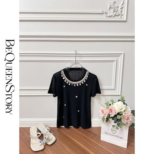 BeQueenStory【初梦甜曲】重工气质修身钉珠镶钻透气圆领T恤夏季新 商品图3