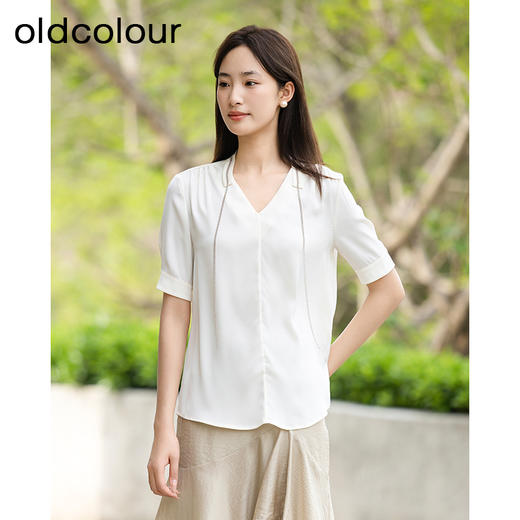 oldcolour夏季新款白色短袖衬衫女职场风雪纺小个子衬衣P25011172 商品图4