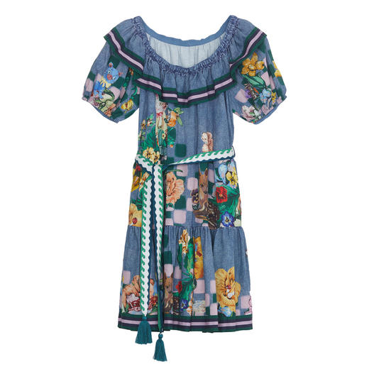 谜底花色连衣裙短袖2024年夏款复古田园风中长裙配腰带242ML0554 商品图4