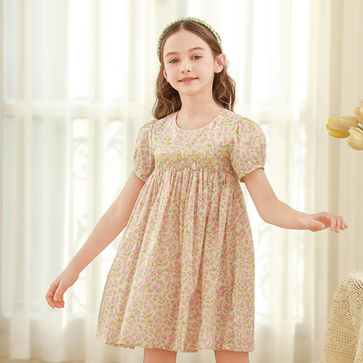 女童连衣裙2024夏季新款儿童绿色绣花纯棉裙子泡泡袖碎花公主裙 商品图1