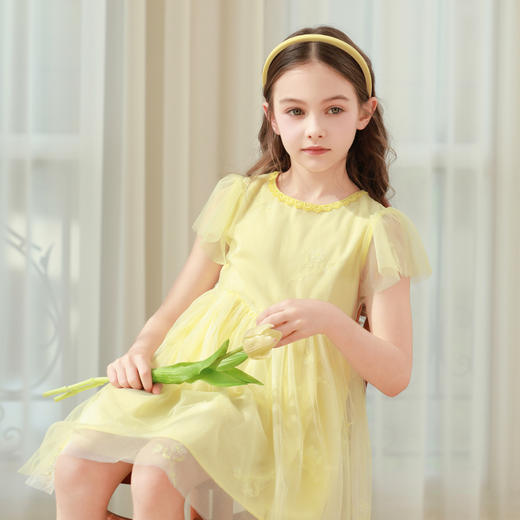 mettekids女童连衣裙2024夏季新款鹅黄色网纱公主裙儿童洋气裙子 商品图3