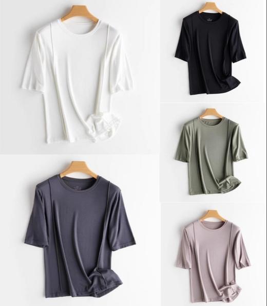 weyo 夏季新款女兰精莫代尔前捏折圆领五分袖T恤17305 商品图4