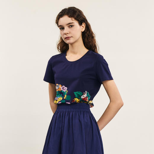 谜底主题印花T恤短袖女2024夏季新品复古风圆领百搭上衣242MT0622 商品图1