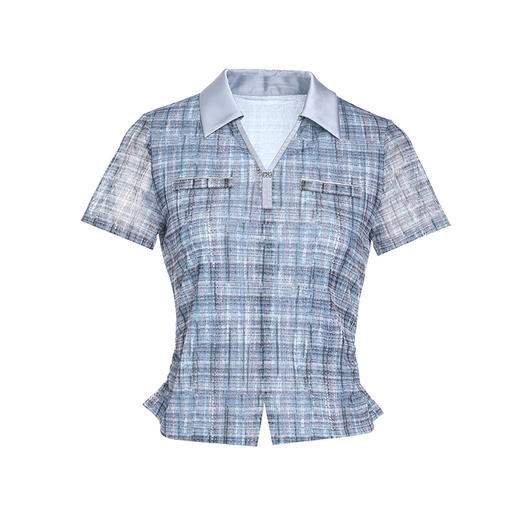 Gowani乔万尼2024新款衬衫女格子短袖衬衫蓝色衬衫女EM2C748605 商品图4