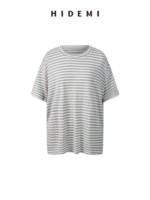 HIDEMI 度假系列极简水洗亚麻色织条纹柔软廓形短袖t恤 蓝色条纹/灰白条纹 商品图7