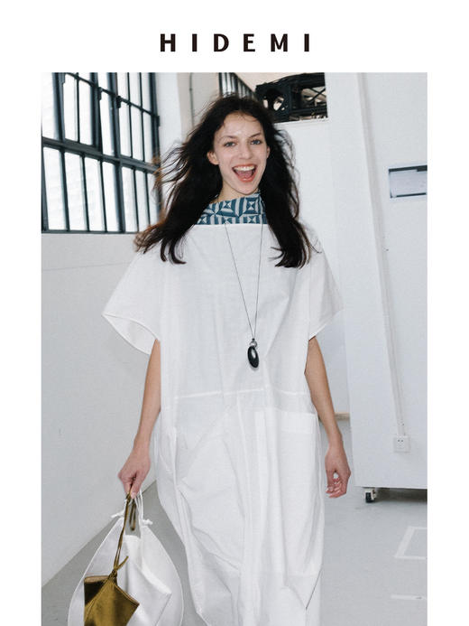 HIDEMI 度假系列极简一字领大口袋大廓形设计感水洗棉宽松式连衣裙 商品图1