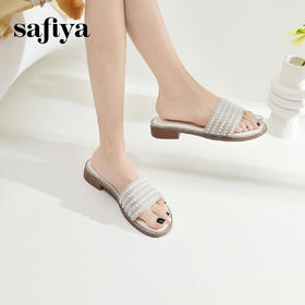 Safiya/索菲娅2024夏季珍珠一字拖时尚露趾外穿小香风平底拖鞋 SF42110418