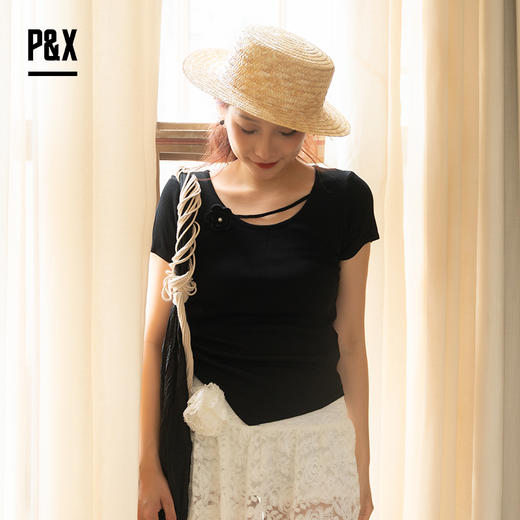 P&X设计师女装夏季修身设计感时尚百搭短款t恤 824202518 黑色 商品图0