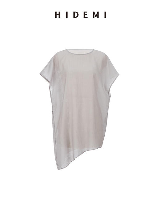 HIDEMI 度假系列清透感薄透落肩设计感开拆卸腰带式廓形不对称剪裁罩衫上衣 灰色/白色 商品图14