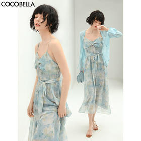 【秒杀】COCOBELLA设计感拧花吊带裙夏雪纺印花清新度假风连衣裙FR188