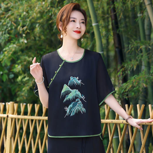 TZW-新中式T恤衫春秋妈妈薄T恤洋气宽松中袖小衫中年女中国风休闲上衣 商品图1