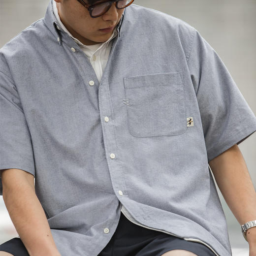 工装优选 美式复古oversize白色叠穿短袖衬衫宽松cityboy衬衣男潮 商品图1