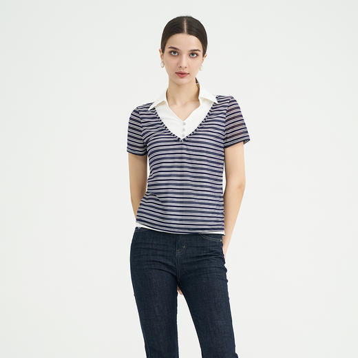 司歌条纹上衣假两件短袖弹力显瘦ET891124X 商品图0