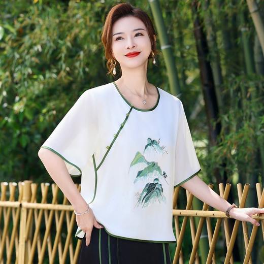 TZW-新中式T恤衫春秋妈妈薄T恤洋气宽松中袖小衫中年女中国风休闲上衣 商品图0