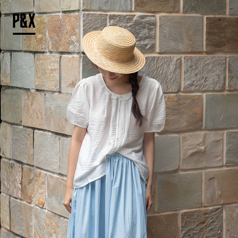 P&X设计师女装夏季 泡泡袖洋气休闲百搭衬衫小衫 824228170 白色