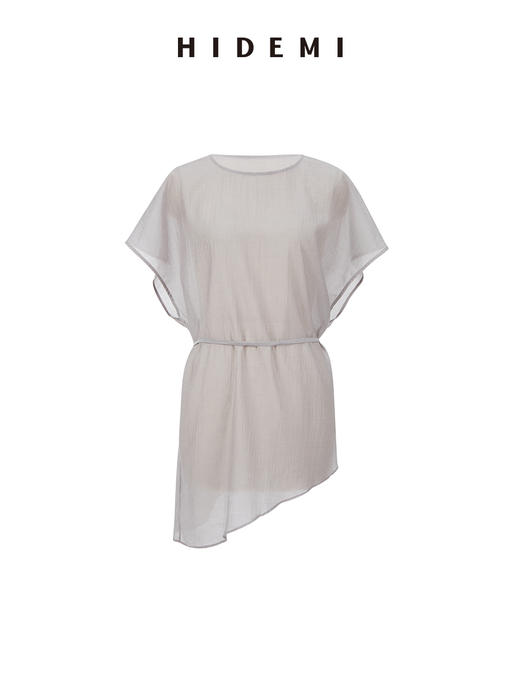 HIDEMI 度假系列清透感薄透落肩设计感开拆卸腰带式廓形不对称剪裁罩衫上衣 灰色/白色 商品图11