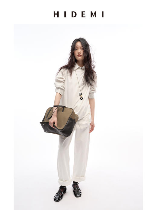 HIDEMI 度假系列极简纽结设计感不对称剪裁褶皱水洗棉背心上衣 白色/黑色 商品图2