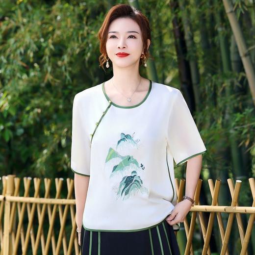 TZW-新中式T恤衫春秋妈妈薄T恤洋气宽松中袖小衫中年女中国风休闲上衣 商品图4